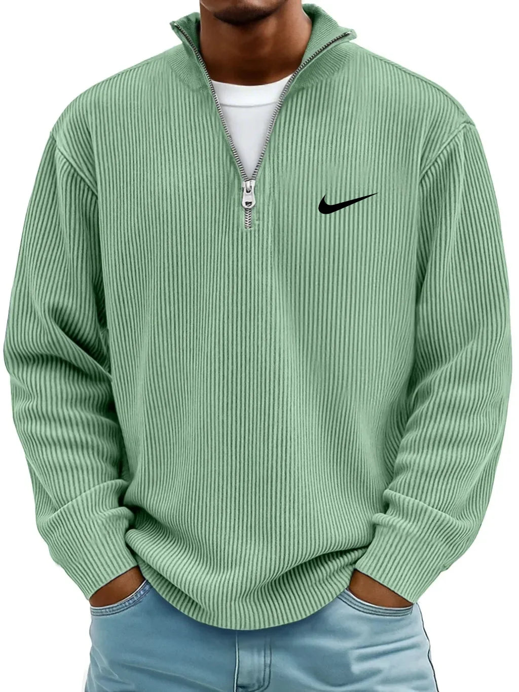 Men's Ribbed Long Sleeve Polo Neck Zip-Up Shirt