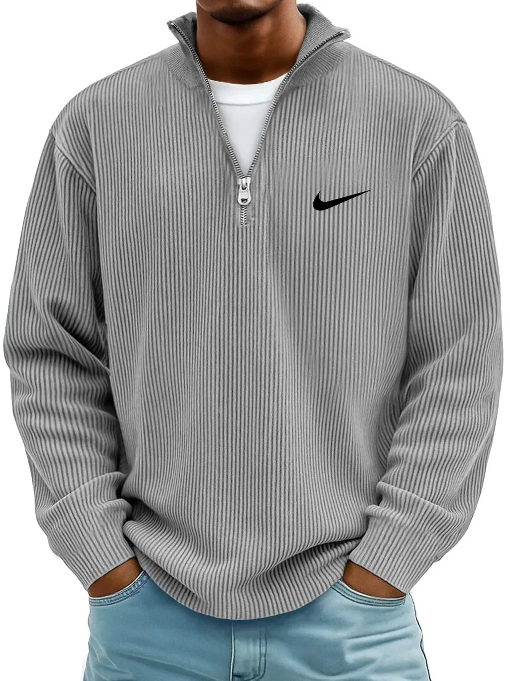 Men's Ribbed Long Sleeve Polo Neck Zip-Up Shirt