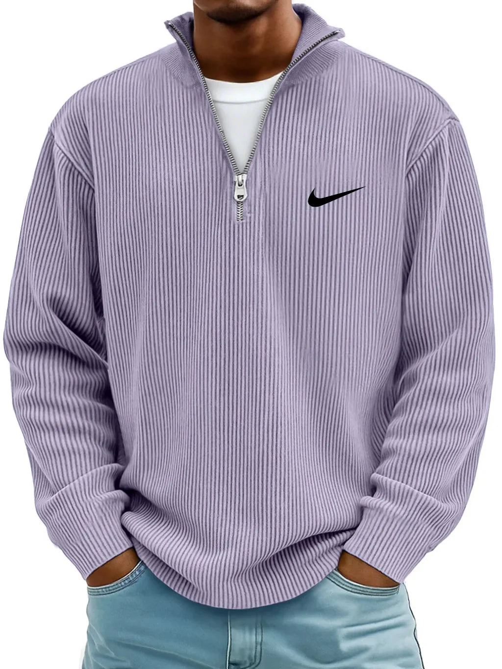 Men's Ribbed Long Sleeve Polo Neck Zip-Up Shirt