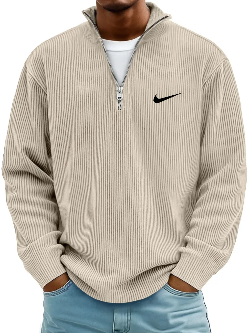 Men's Ribbed Long Sleeve Polo Neck Zip-Up Shirt