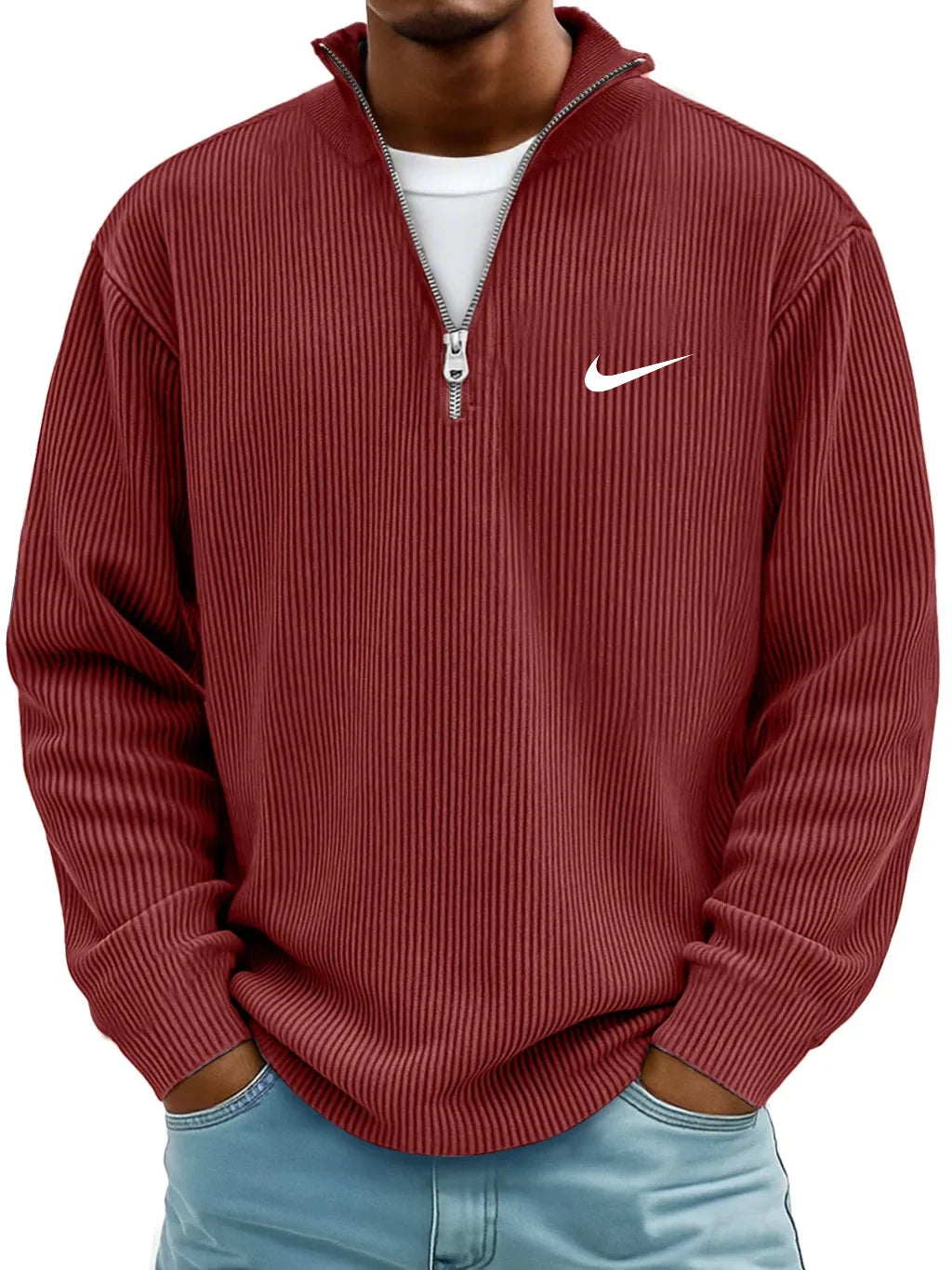 Men's Ribbed Long Sleeve Polo Neck Zip-Up Shirt