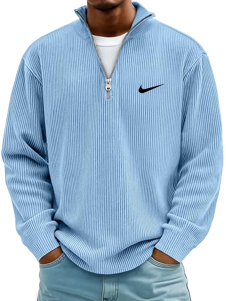 Men's Ribbed Long Sleeve Polo Neck Zip-Up Shirt