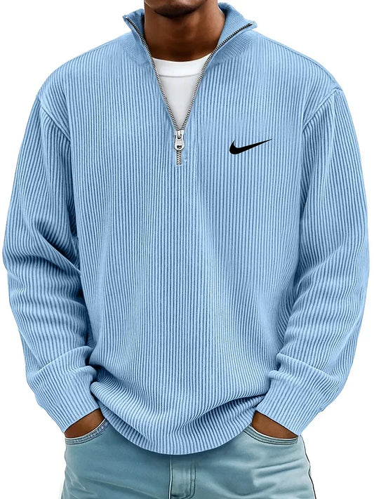 Men's Ribbed Long Sleeve Polo Neck Zip-Up Shirt