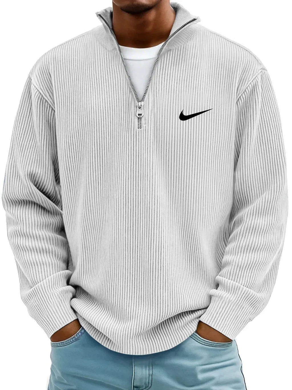 Men's Ribbed Long Sleeve Polo Neck Zip-Up Shirt